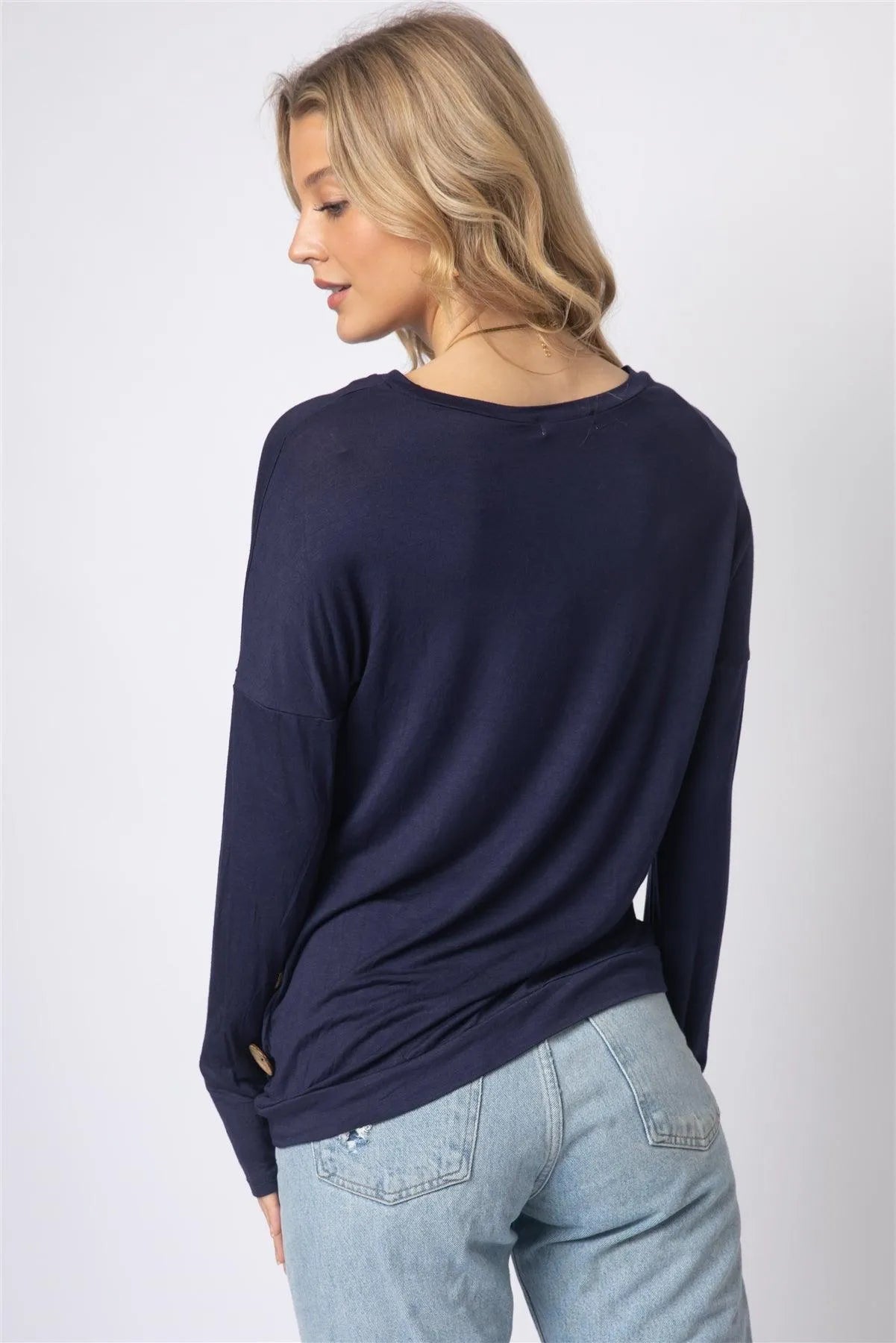 Navy Side Bottom Button Detail Long Sleeve Top - Tasha Apparel Wholesale