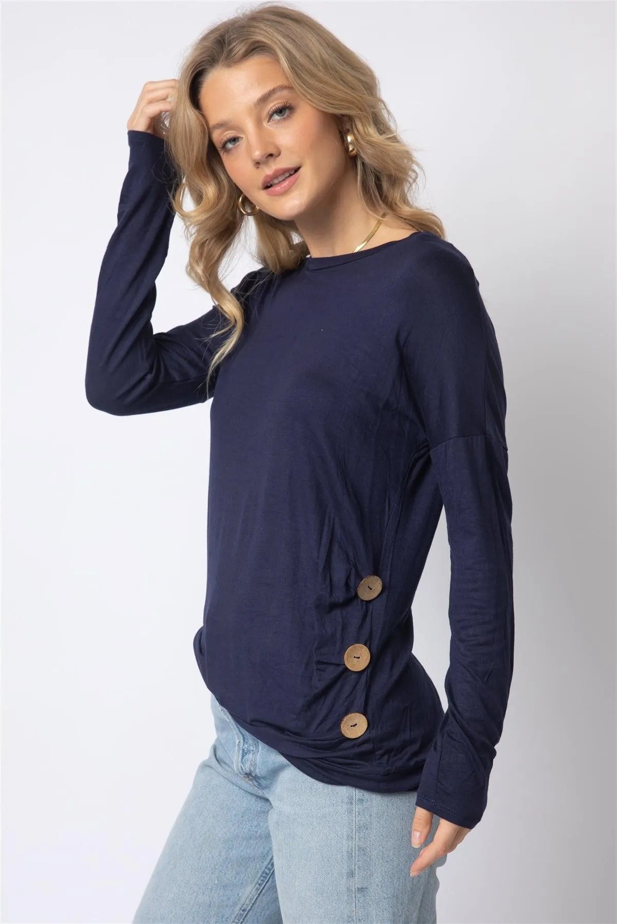 Navy Side Bottom Button Detail Long Sleeve Top - Tasha Apparel Wholesale