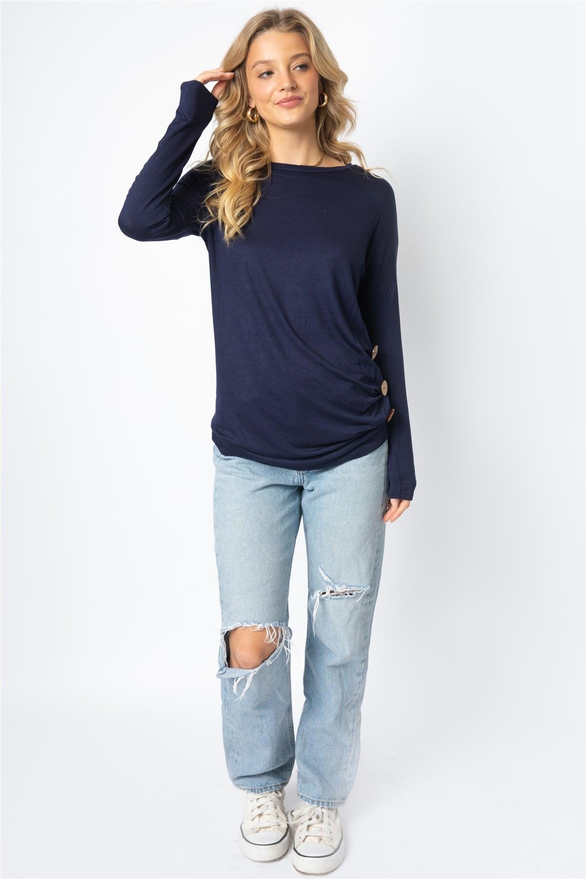 Navy Side Bottom Button Detail Long Sleeve Top /1-2-2-1