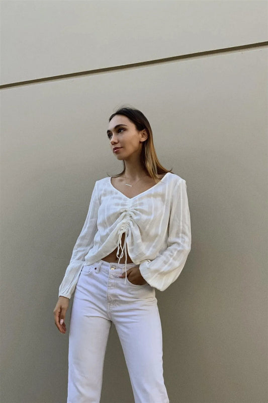 Cream V-Neck Long Sleeve Front Drawstring Crop Top - Tasha Apparel Wholesale