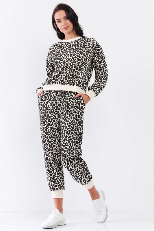 Ivory & Black Leopard Oversized Rib Cuff Round Neck Long Sleeve Top High Waisted Jogger Pants Set /3-2-1 - Tasha Apparel Wholesale