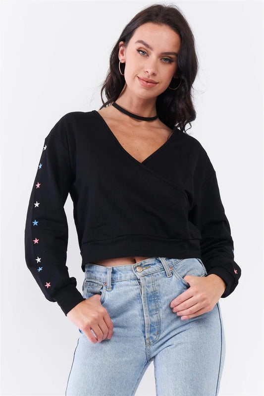 Black Star Embellished Long Sleeve Wrap V-Neck Crop Sweatshirt /3-2-1 - Tasha Apparel Wholesale