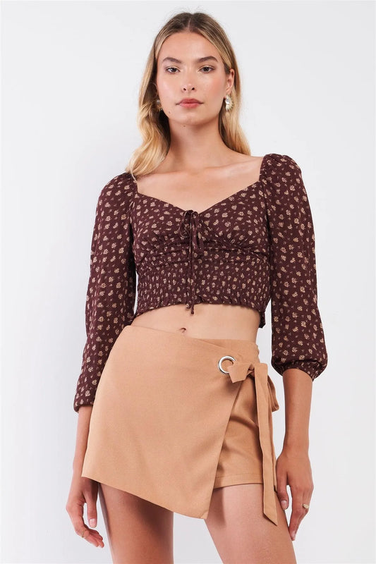 Brown & Taupe Floral Print V-Neck 3/4 Balloon Sleeve Smocked Cropped Top /3-2-1 - Tasha Apparel Wholesale