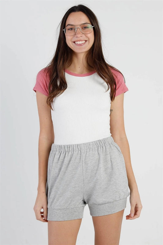 White & Pink Ribbed Colorblock Short Sleeve Bodysuit /3-2-1 - Tasha Apparel Wholesale