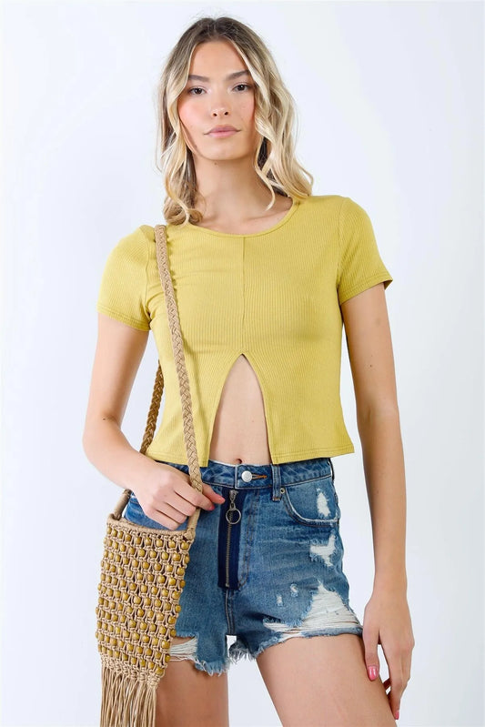 Wasabi Green Ribbed Front Slit Short Sleeve Crop Top /3-2-1 - Tasha Apparel Wholesale