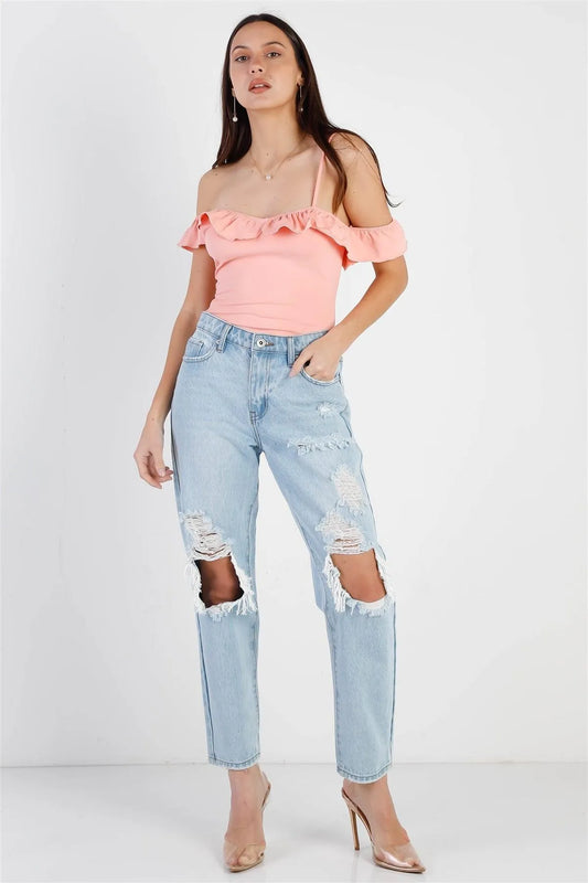 Pink Off-The Shoulder Ruffle Trim Asymmetric Bodysuit /3-2-1 - Tasha Apparel Wholesale