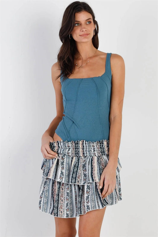 Blue Ribbed Stitch Trim Square Neck Bodysuit /3-2-1 - Tasha Apparel Wholesale