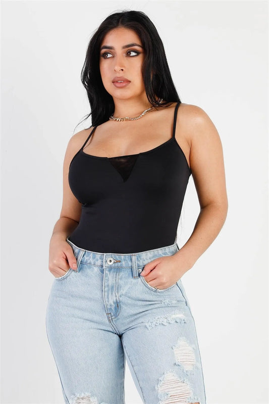 Black Front Mesh Detail Sleeveless Bodysuit /2-2-1 - Tasha Apparel Wholesale