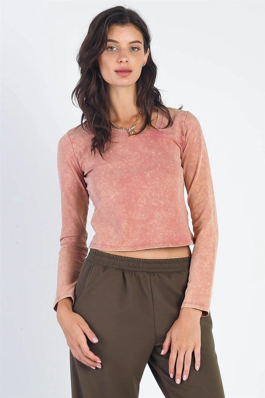 Mauve Acid Wash Long Sleeve Crop Top /2-2-1 - Tasha Apparel Wholesale