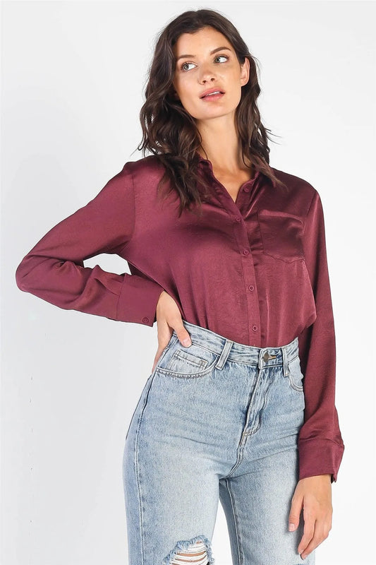 Dusty Berry Satin Effect Textured Shirt Bodysuit /3-2-1 - Tasha Apparel Wholesale