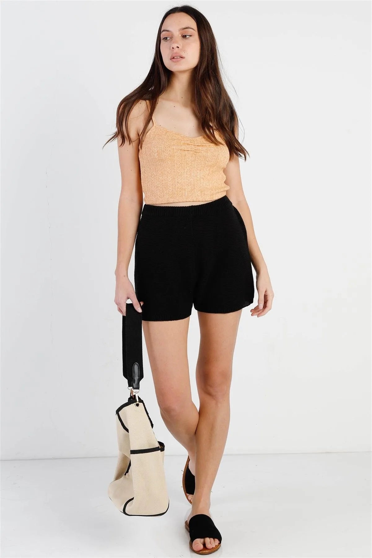 Dusty Orange Knit Ruched Detail V-Neck Sleeveless Top /3-2-1 - Tasha Apparel Wholesale