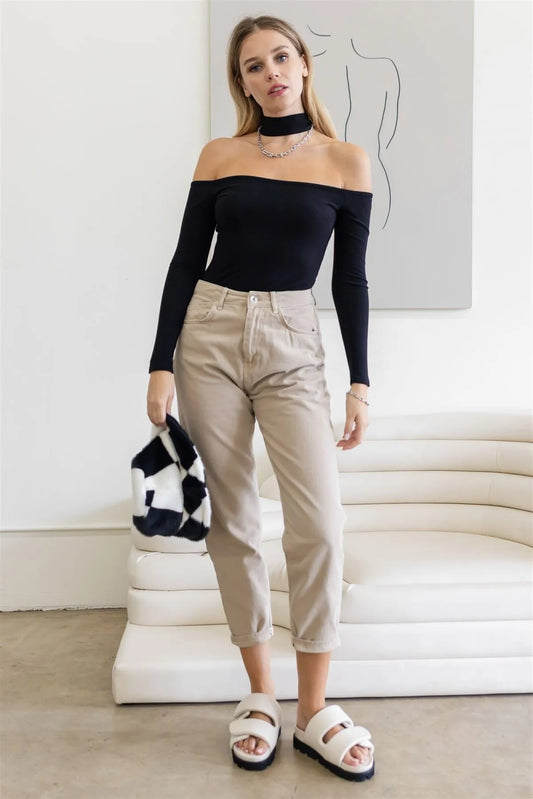 Black Neck Off-The-Shoulder Long Sleeve Bodysuit /3-2-1 - Tasha Apparel Wholesale