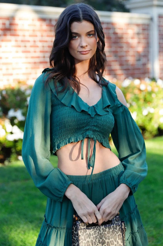 Smocked Ruffle Collar One Cold Shoulder Top - Tasha Apparel Wholesale