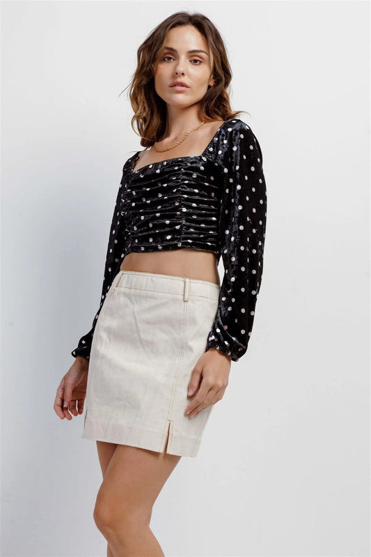Black Cream Polka Dot Velvet Ruched Crop Top /4-2-1 - Tasha Apparel Wholesale