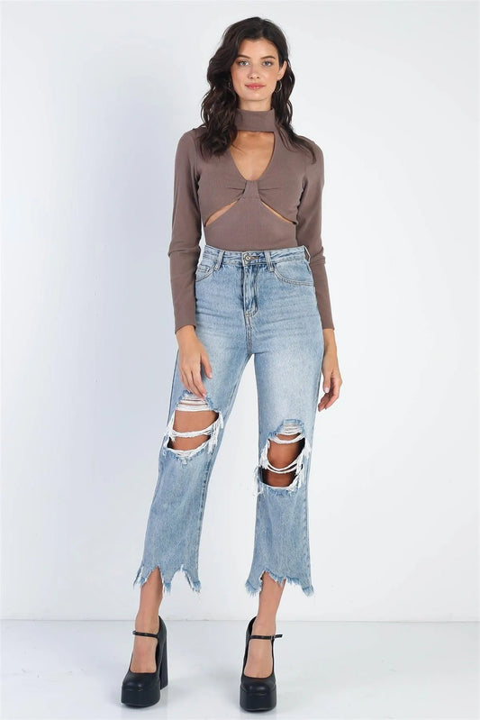 Mocha Ribbed Bow Cut-Out Detail Mock Neck Long Sleeve Bodysuit /3-2-1 - Tasha Apparel Wholesale