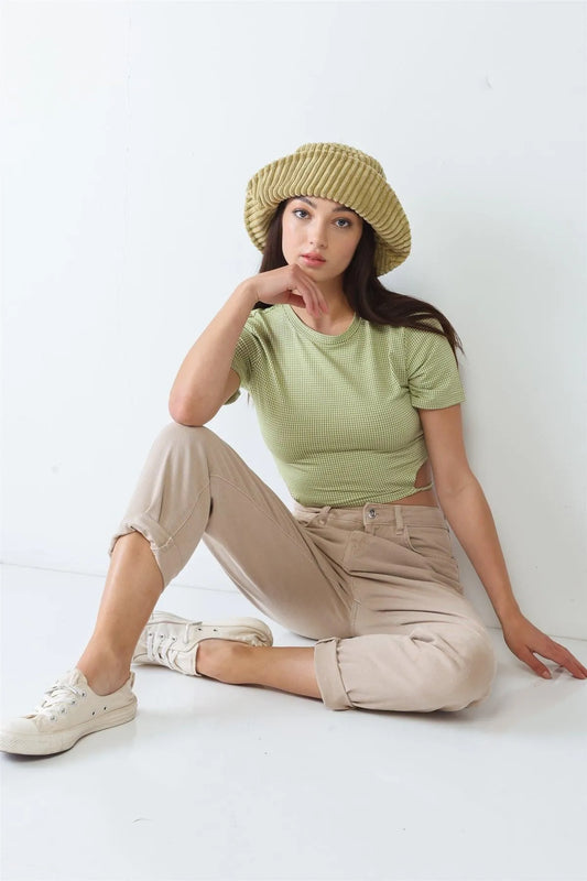 Green & White Plaid Cut-Out Drawstring Hem Crop Top /3-2-1 - Tasha Apparel Wholesale