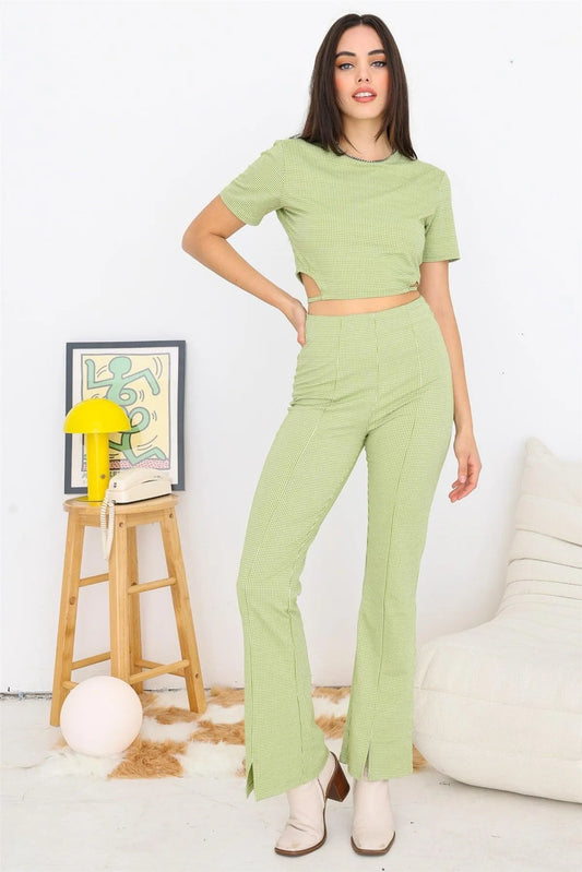 Green & White Plaid Cut-Out Drawstring Hem Crop Top & High Waist Pants Set /3-2-1 - Tasha Apparel Wholesale