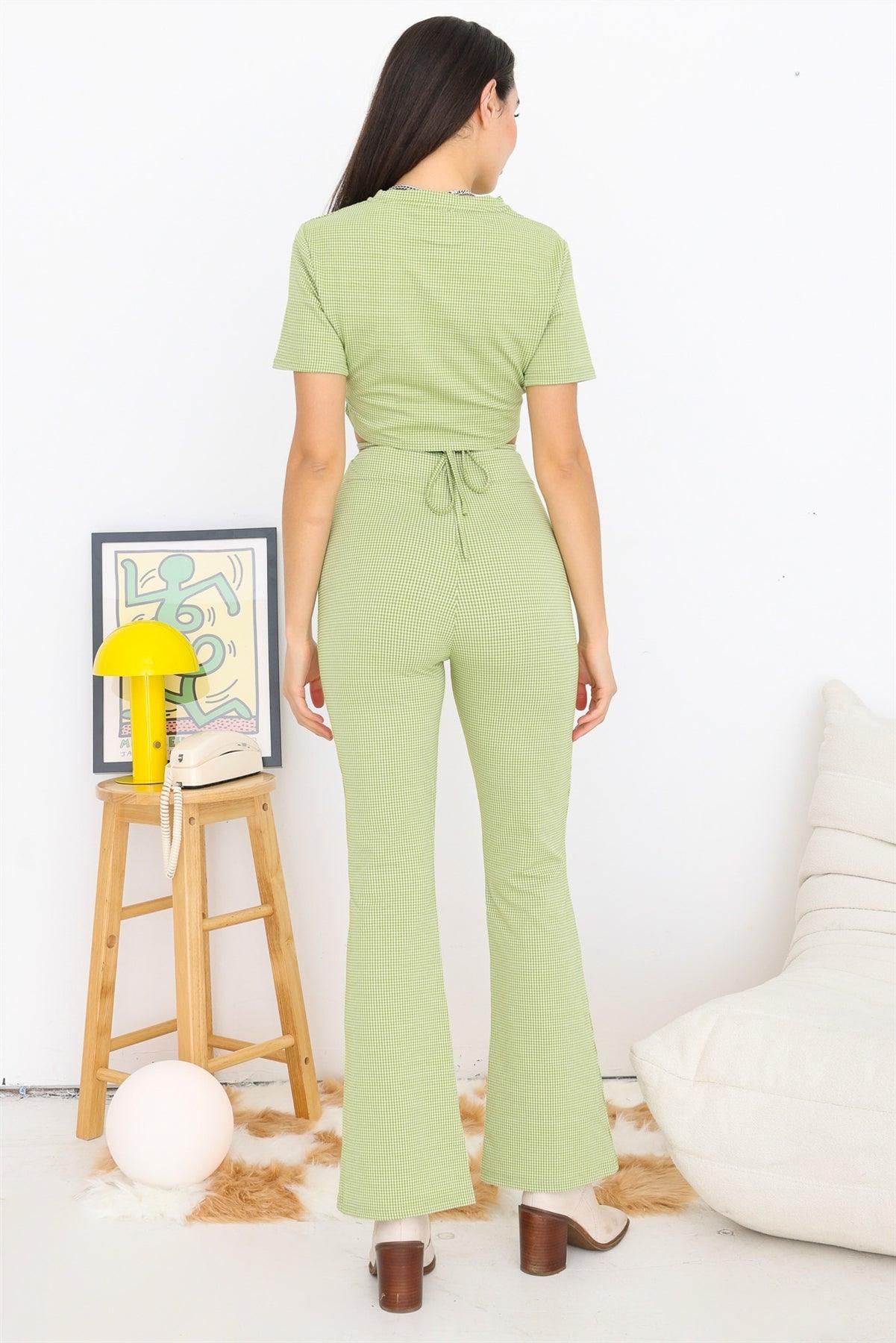 Green & White Plaid Cut-Out Drawstring Hem Crop Top & High Waist Pants Set /3-2-1