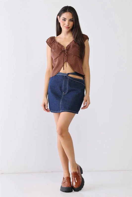 Brown & Tan Geometrical Print Self-Tie Neck Cut-Out Detail Sleeveless Top /1-2-1 - Tasha Apparel Wholesale