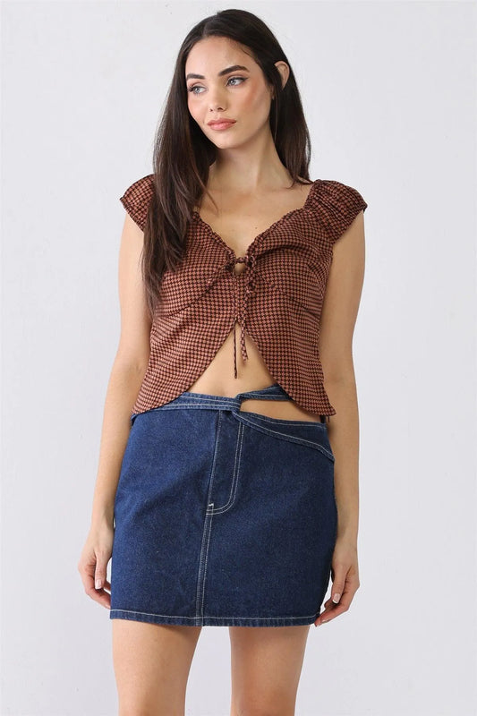 Brown & Tan Geometrical Print Self-Tie Neck Cut-Out Detail Sleeveless Top /1-2-2-1 - Tasha Apparel Wholesale