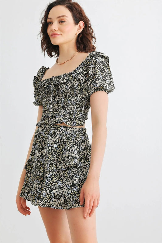 Black Multi Floral Smocked Collared Neck Short Sleeve Crop Top & High Waist Tiered Skirt Set /3-2-1 - Tasha Apparel Wholesale