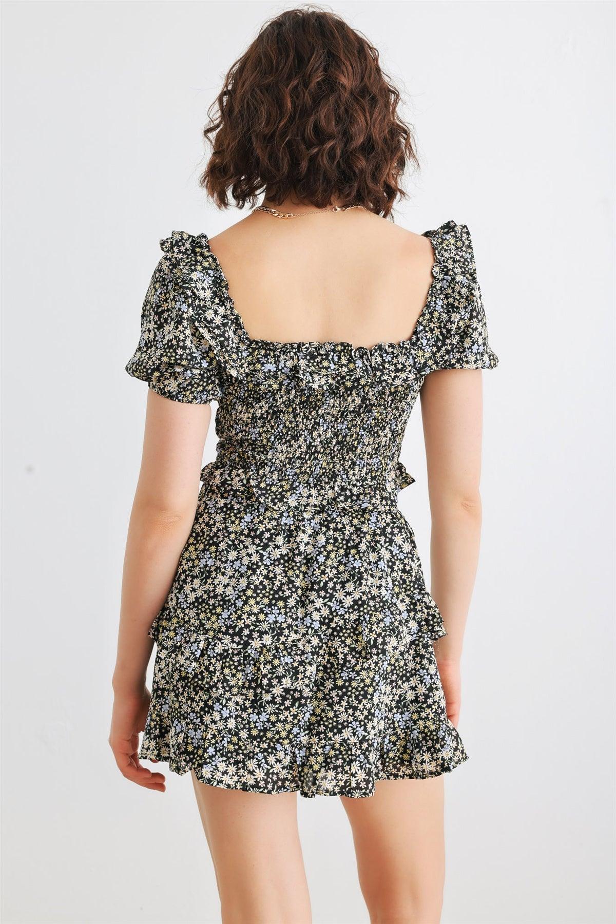 Black Multi Floral Smocked Collared Neck Short Sleeve Crop Top & High Waist Tiered Skirt Set /3-2-1