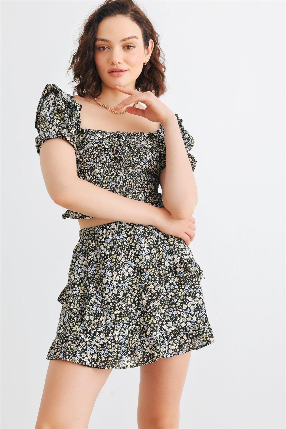 Black Multi Floral Smocked Collared Neck Short Sleeve Crop Top & High Waist Tiered Skirt Set /3-2-1