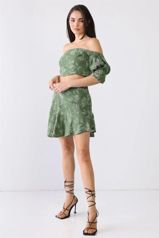 Green Floral Print Off-The-Shoulder Crop Top & High Waist Ruffle Flare Hem Mini Skirt Set /3-2-1 - Tasha Apparel Wholesale