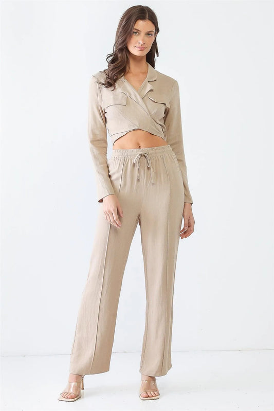 Taupe Linen Blend Collared Wrap Neck Around Self-Tie Crop Top & High Waist Pants Set /3-2-1 - Tasha Apparel Wholesale