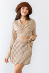 Taupe Linen Blend Collared Wrap Neck Around Self-Tie Closure Top /3-2-1 - Tasha Apparel Wholesale