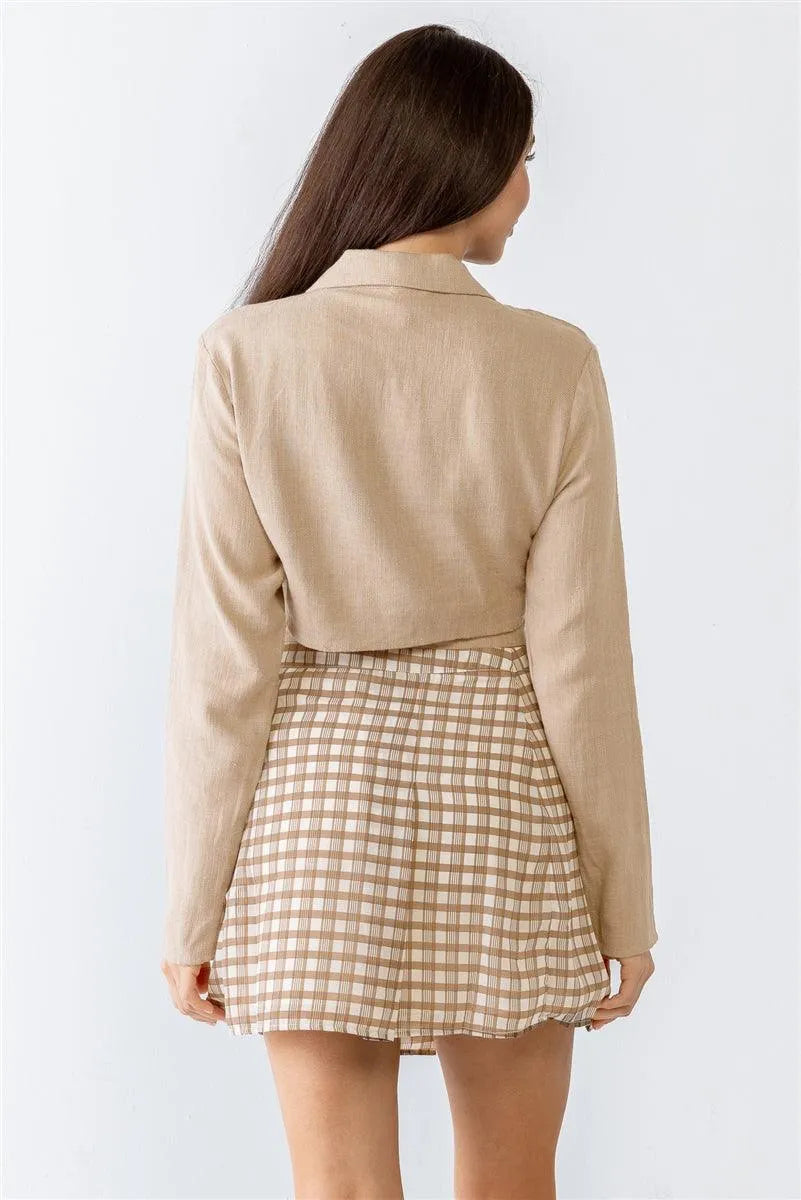 Taupe Linen Blend Collared Wrap Neck Around Self-Tie Closure Top /3-2-1 - Tasha Apparel Wholesale