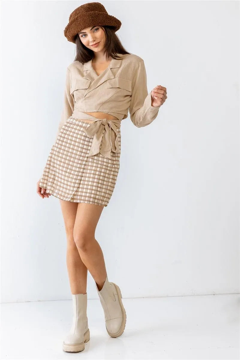 Taupe Linen Blend Collared Wrap Neck Around Self-Tie Closure Top /3-2-1 - Tasha Apparel Wholesale