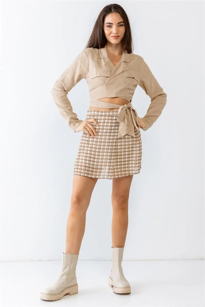 Taupe Linen Blend Collared Wrap Neck Around Self-Tie Closure Top /3-2-1 - Tasha Apparel Wholesale
