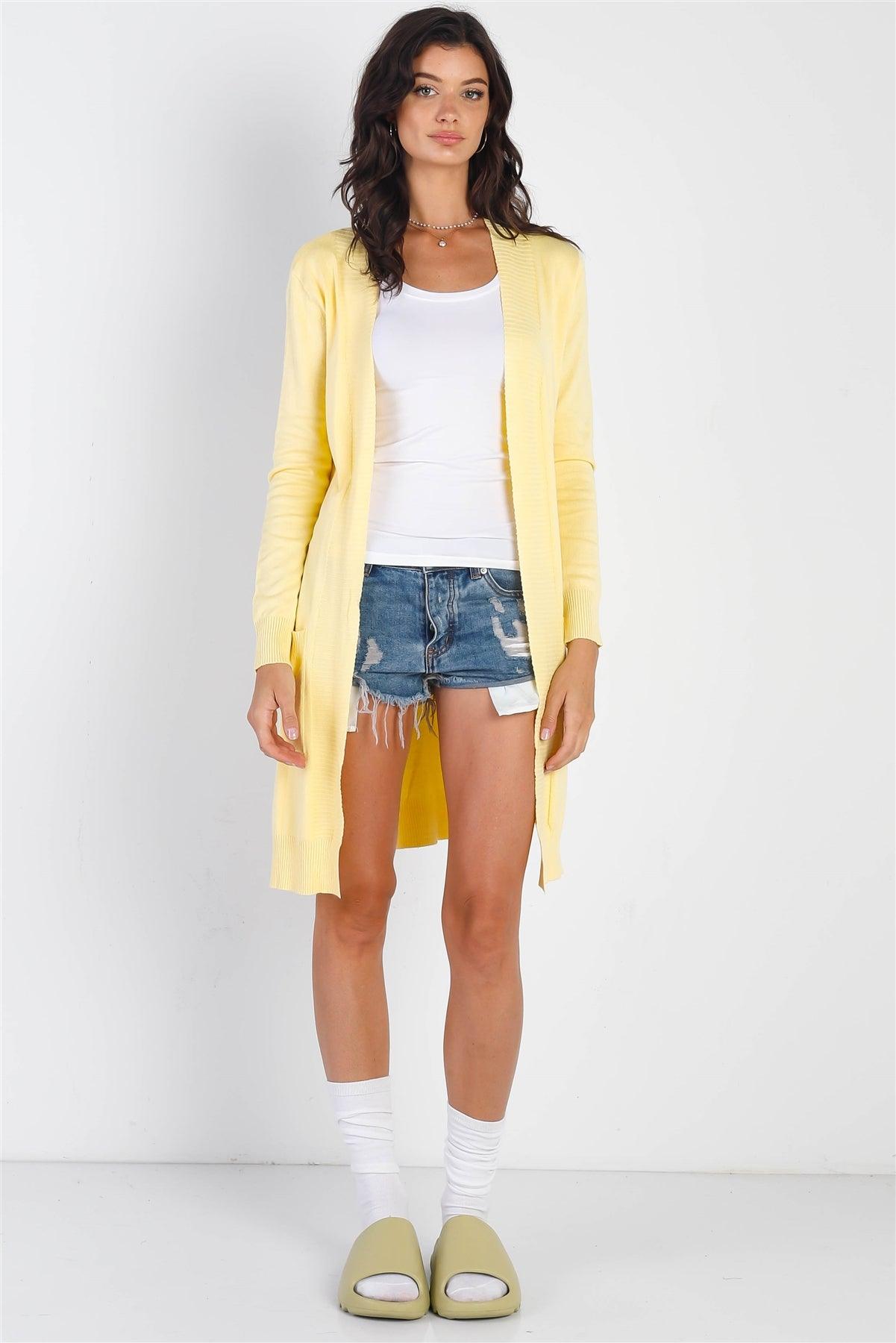 Yellow Open Front Two Pocket Relax Fit Cardigan /2-2-2
