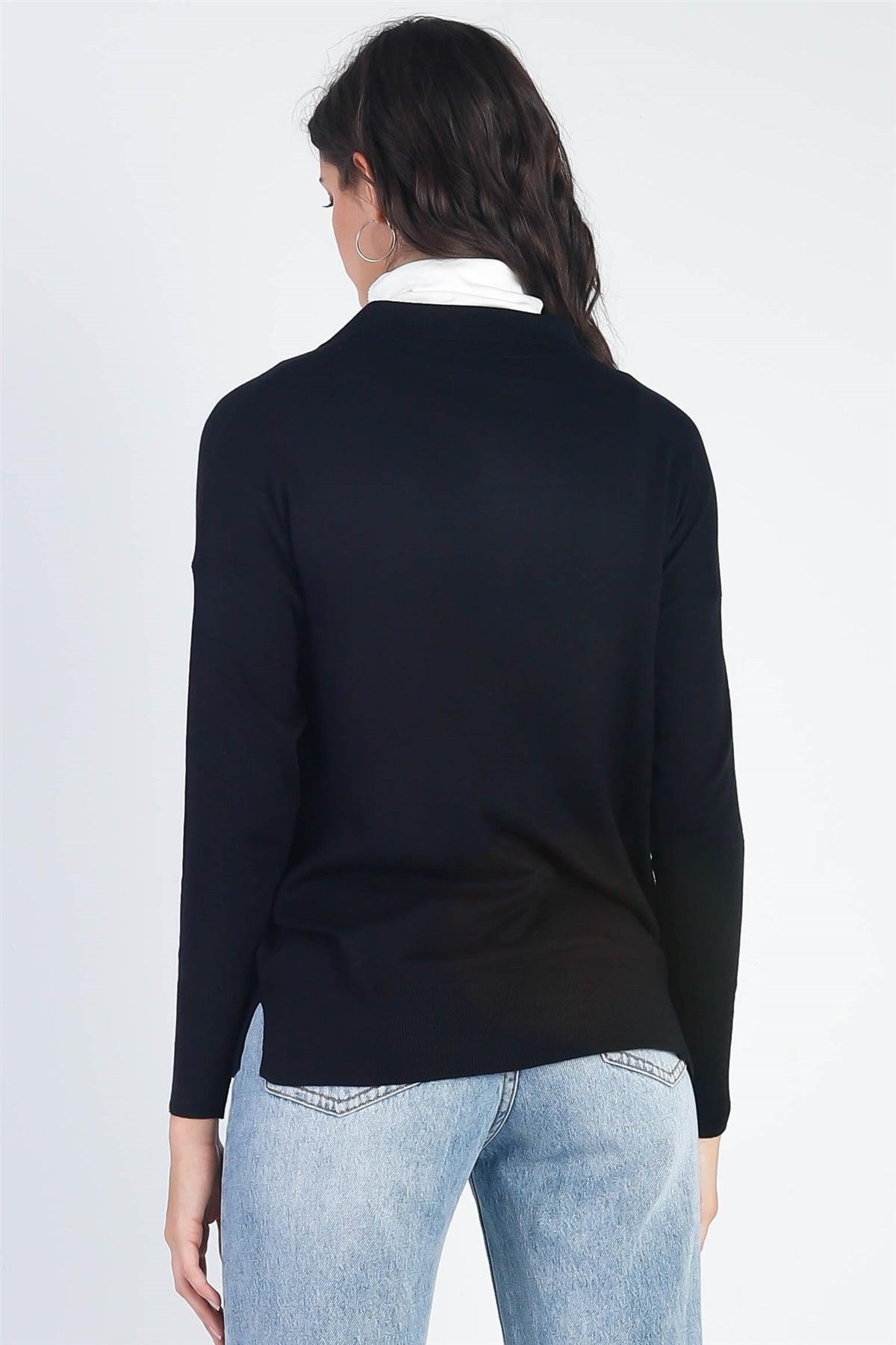 Black Button Up Collar Neck Long Sleeve Sweater /2-2-2