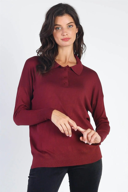 Button Up Collar Neck Long Sleeve Sweater - Tasha Apparel Wholesale