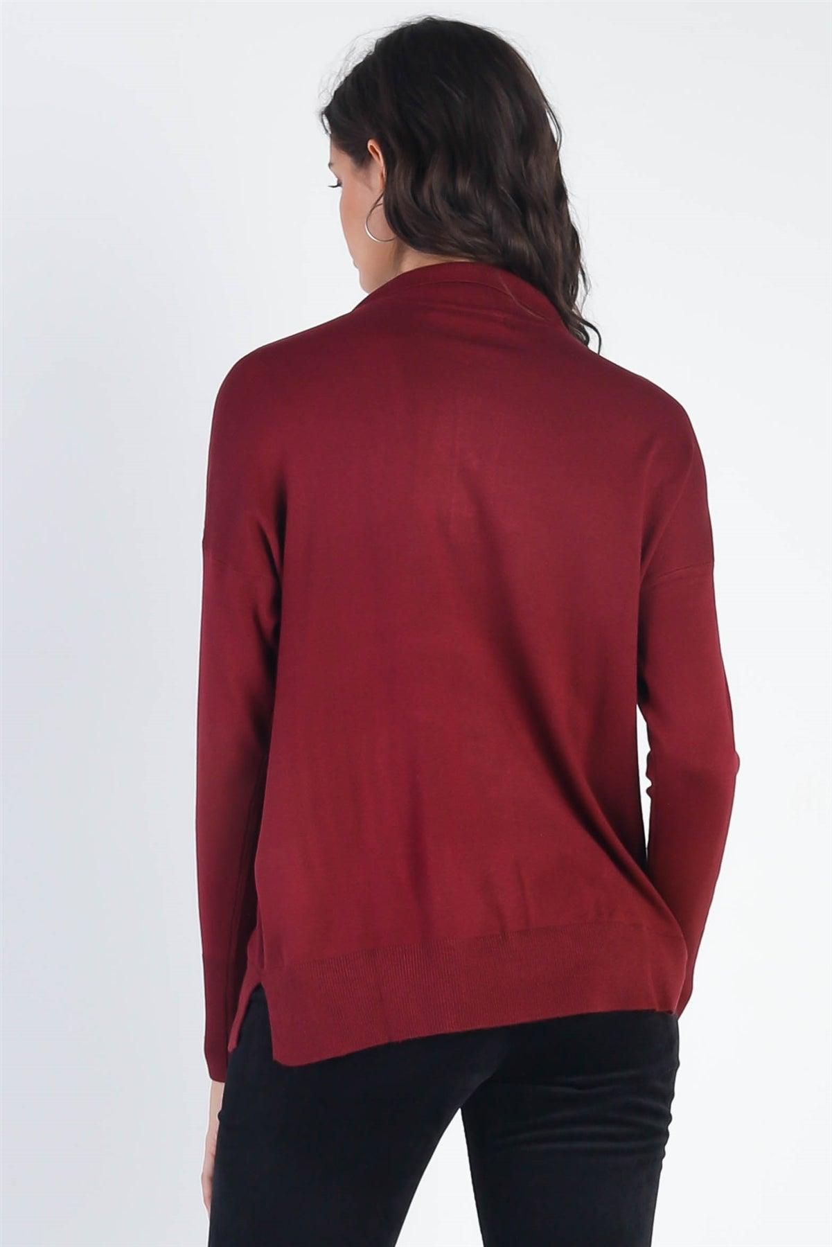 Burgundy Button Up Collar Neck Long Sleeve Sweater /2-2-2