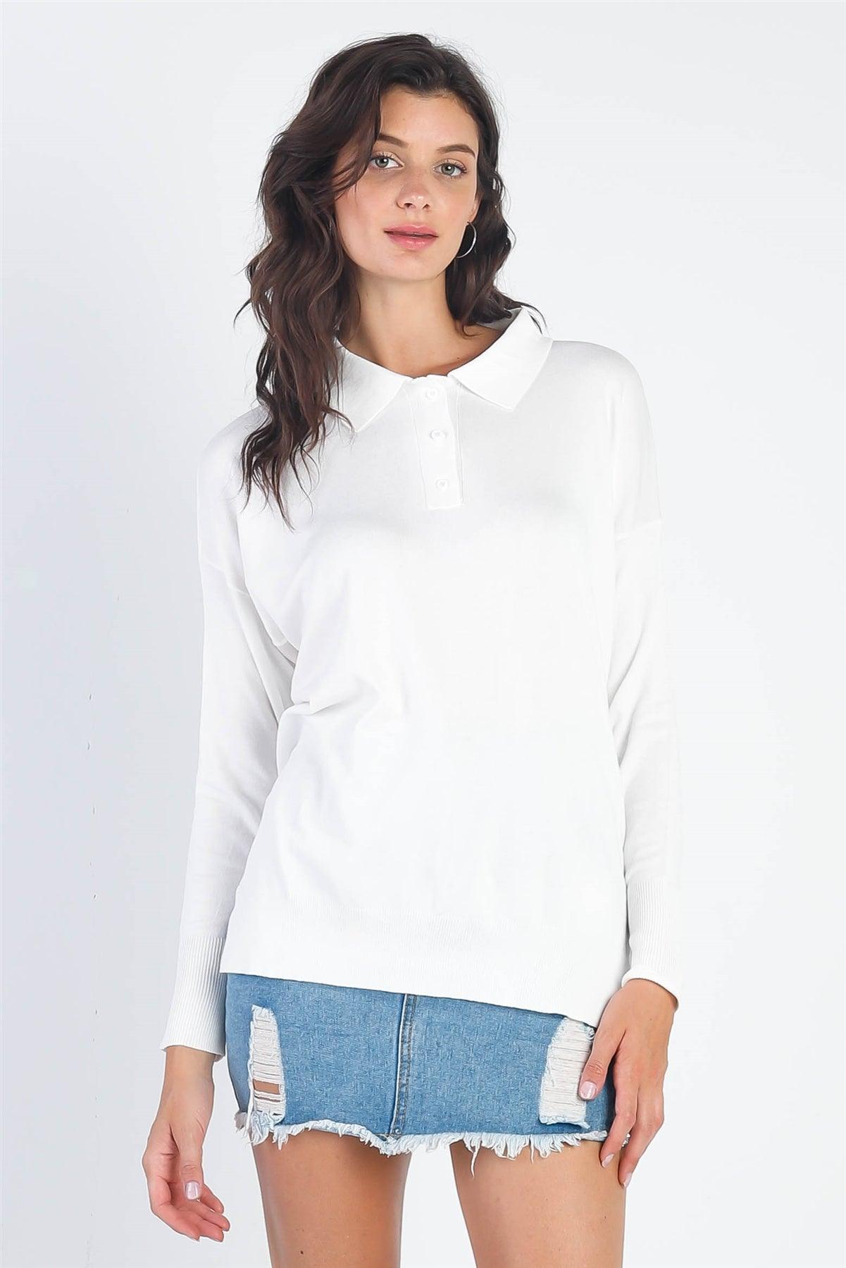 Ivory Button Up Collar Neck Long Sleeve Sweater /2-2-2
