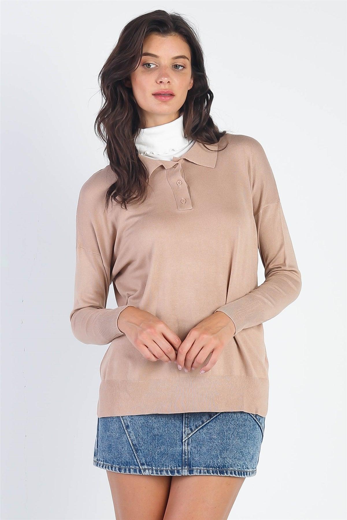Taupe Button Up Collar Neck Long Sleeve Sweater /2-2-2