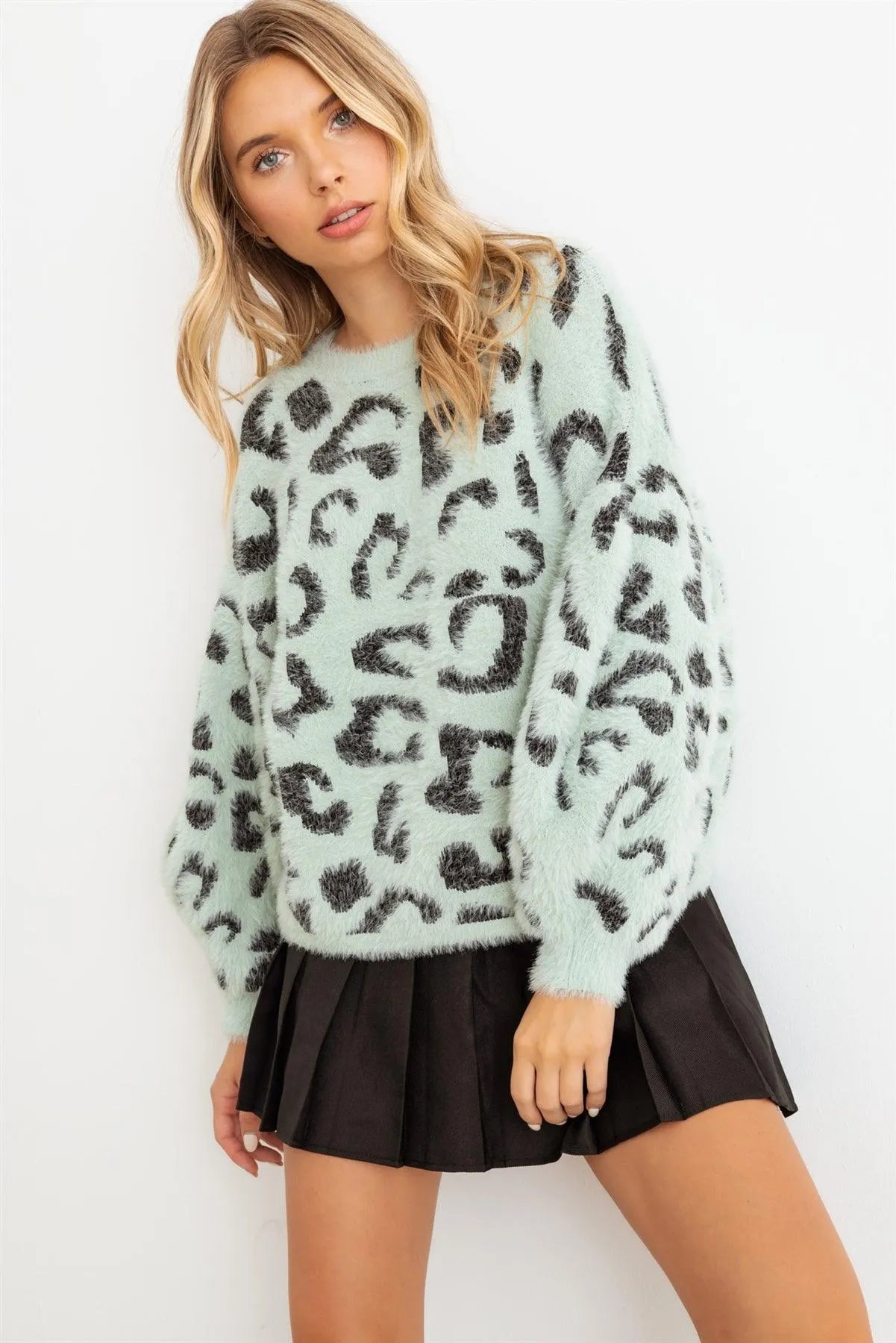 Animal Print Fuzzy Knit Long Sleeve Sweater - Tasha Apparel Wholesale