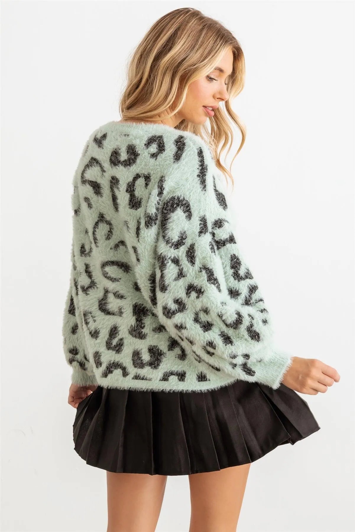 Animal Print Fuzzy Knit Long Sleeve Sweater - Tasha Apparel Wholesale