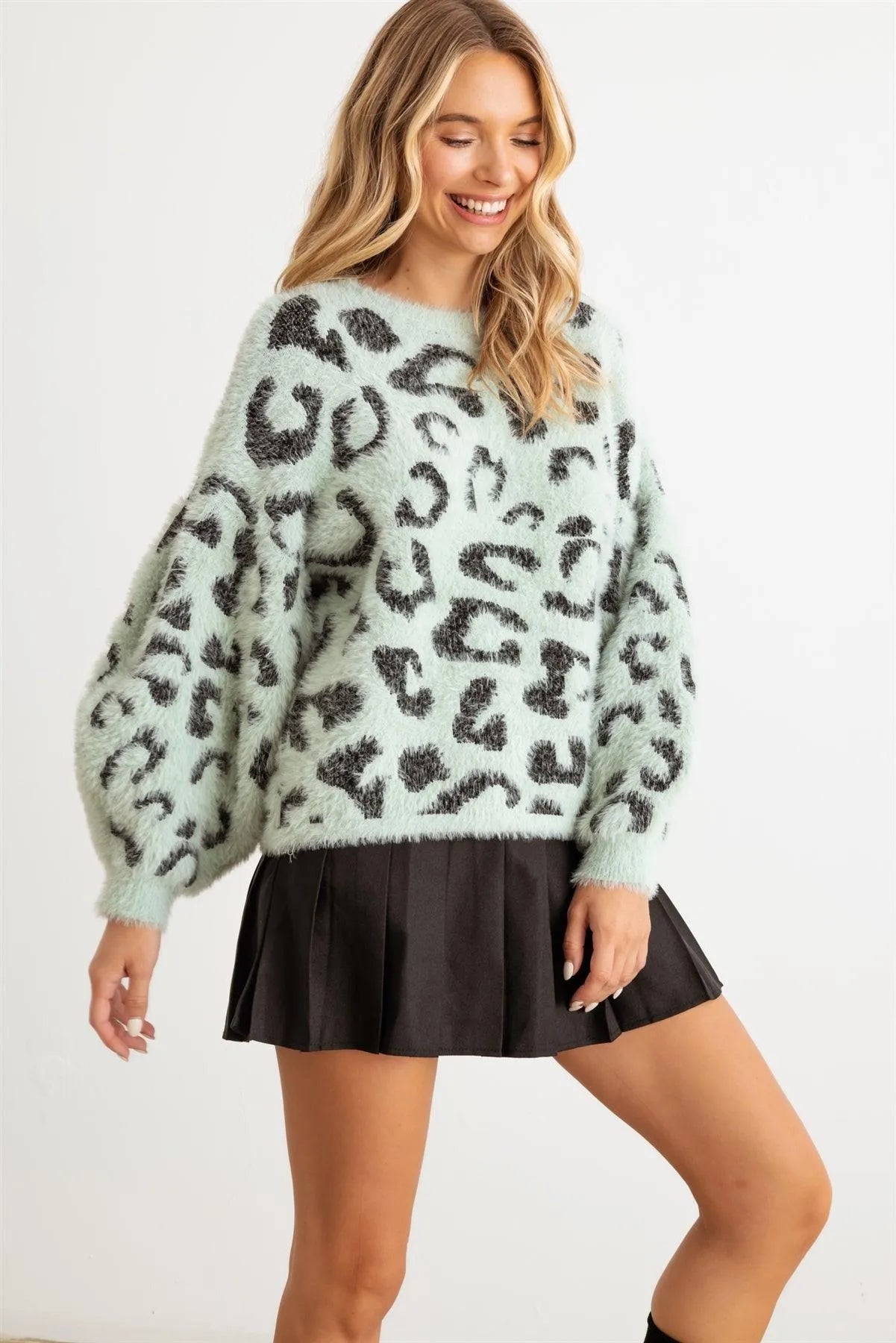 Animal Print Fuzzy Knit Long Sleeve Sweater - Tasha Apparel Wholesale