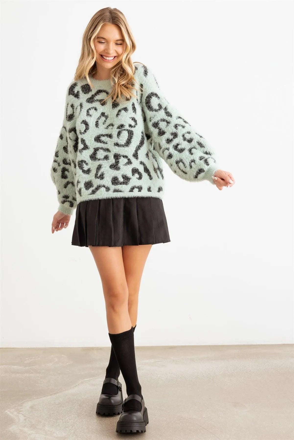 Animal Print Fuzzy Knit Long Sleeve Sweater - Tasha Apparel Wholesale