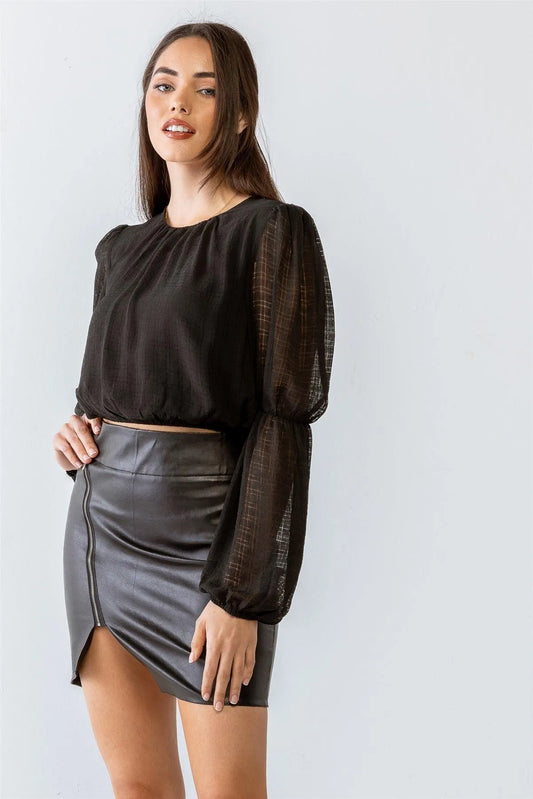 Black Wrinkled Puff Balloon Sheer Long Sleeve Crop Top /1-2-2-1 - Tasha Apparel Wholesale