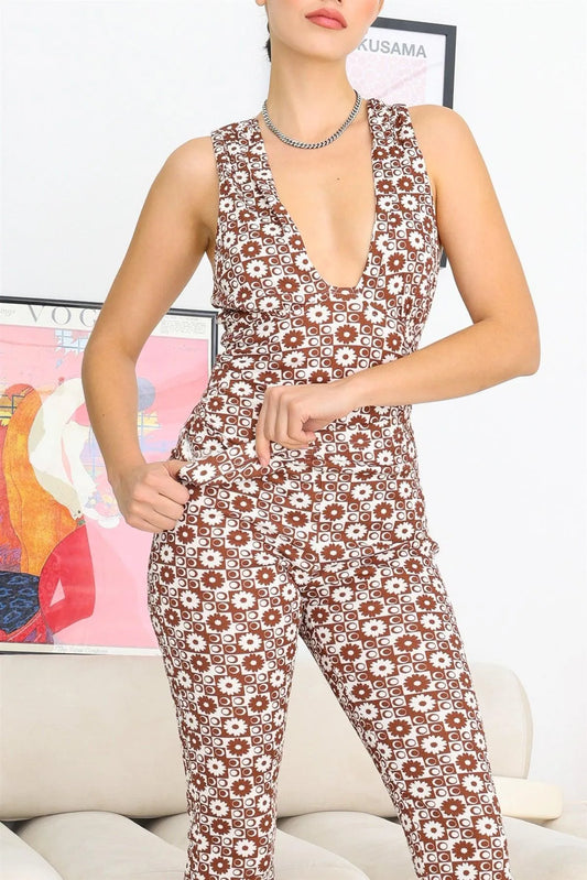 White & Brown Geo & Flower Print Ribbed U-Neck Bodysuit /3-2-1 - Tasha Apparel Wholesale
