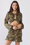 Black & Olive Floral Print Twist Cut-Out Long Sleeve Crop Top & High Waist Flare Ruffle Hem Mini Skirt Set /1-2-2-1