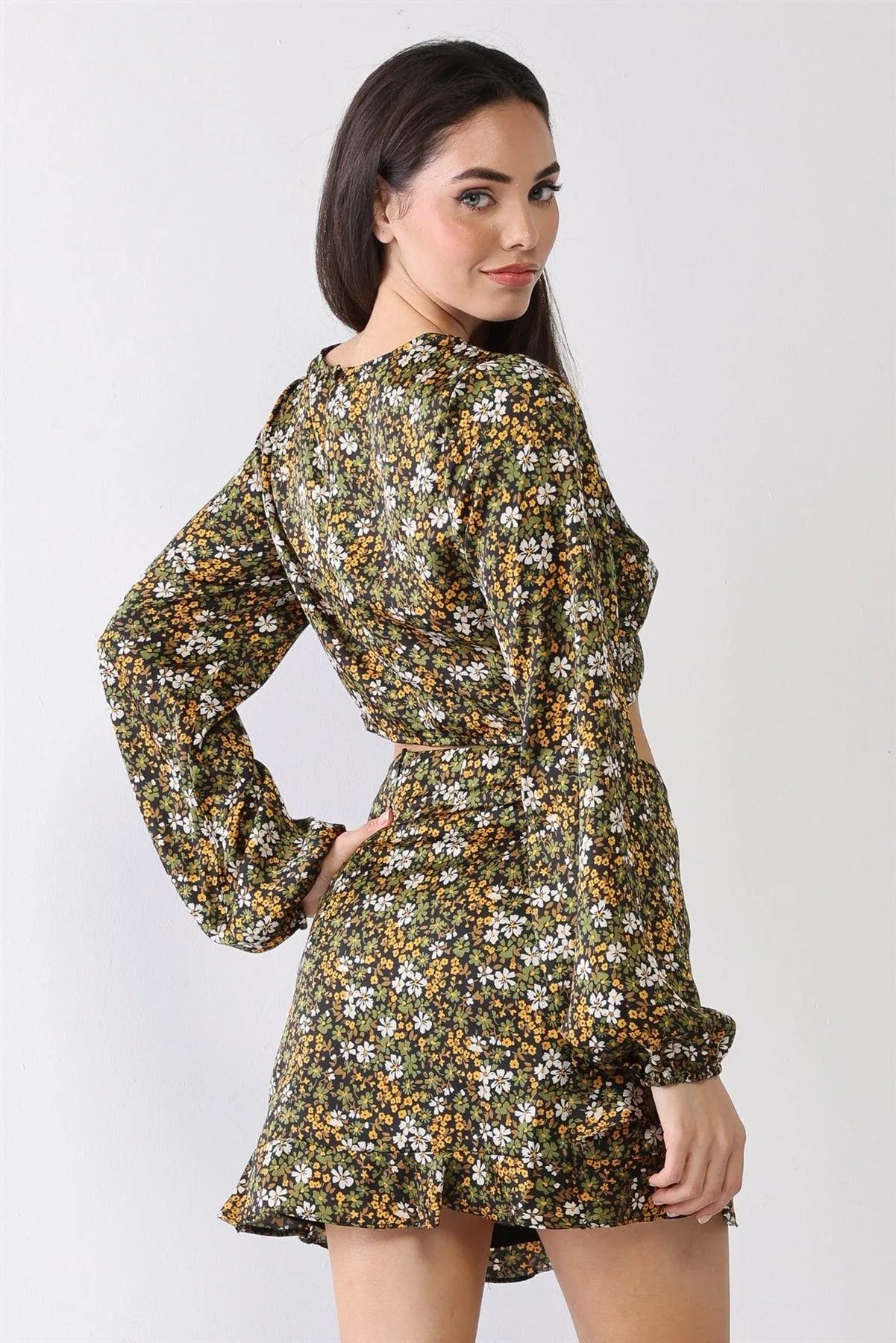 Floral Twist Cut-Out Crop Top Ruffle Hem Mini Skirt Set - Tasha Apparel Wholesale