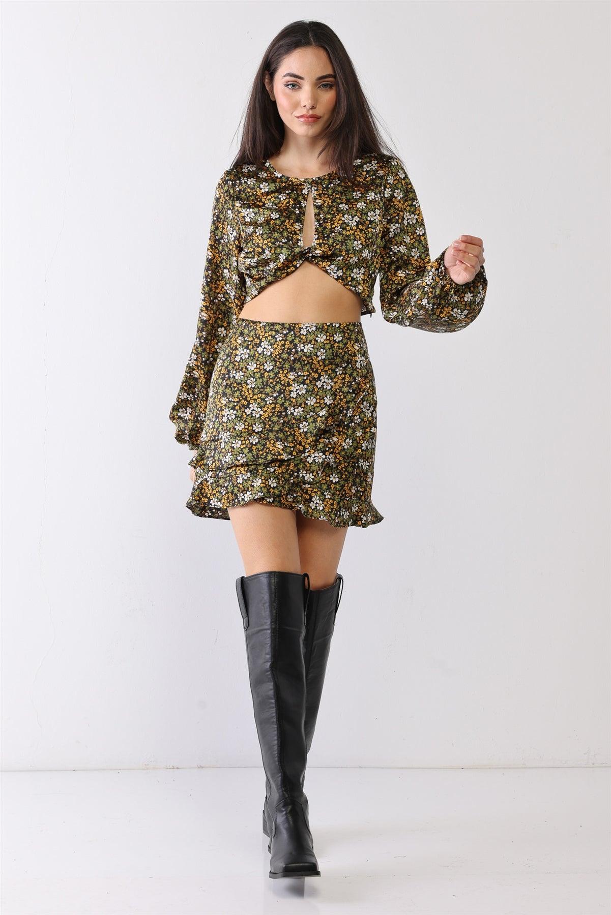Black & Olive Floral Print Twist Cut-Out Long Sleeve Crop Top & High Waist Flare Ruffle Hem Mini Skirt Set /1-2-2-1