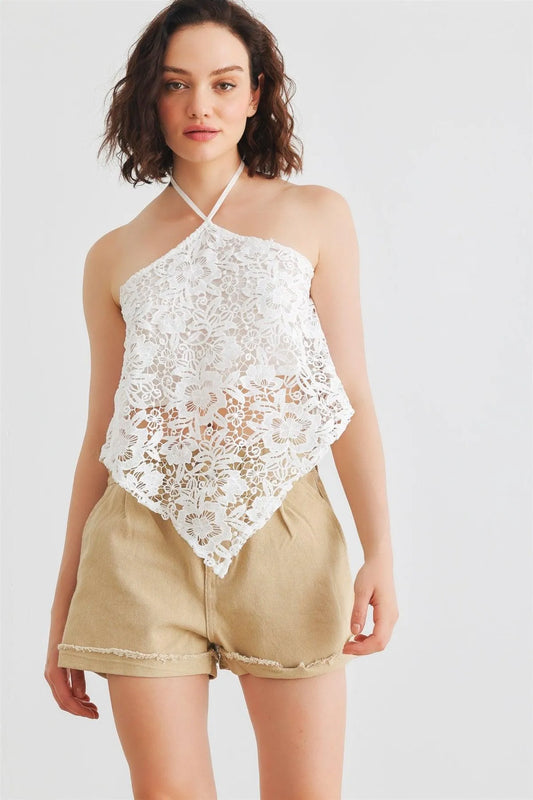 White Lace Sleeveless Halter Neck Hanky Hem Crop Top /1-2-2-1 - Tasha Apparel Wholesale