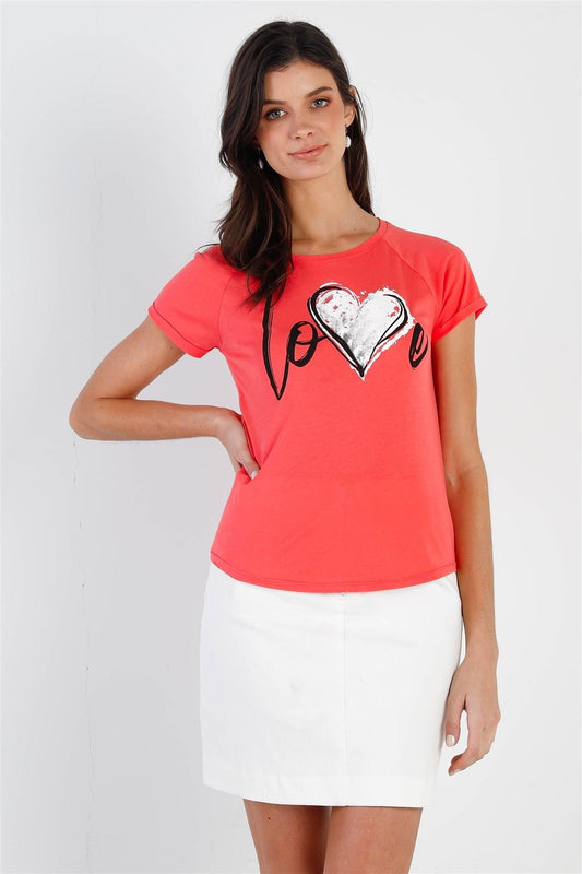 "Love" Print Coral Short Sleeve T-Shirt Top /1-1-2 - Tasha Apparel Wholesale